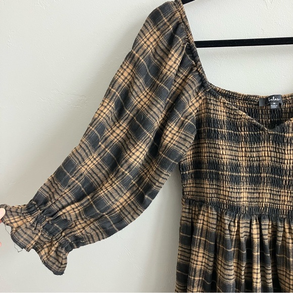 Lulus No One Cuter Black and tan plaid tiered mini dress puffed sleeves size m - Picture 8 of 9